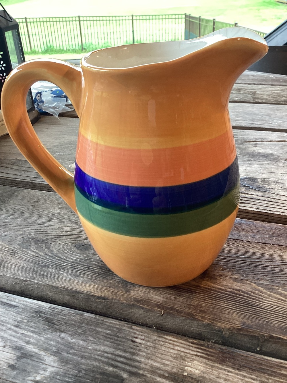 Decorative Ceramic Pitcher in Orange with Blue and Green Stripes